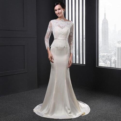 SL011 mermaid wedding dress with train long sleeve satin lace robe de soiree longue mariage sukienki na wesele damskie zipper