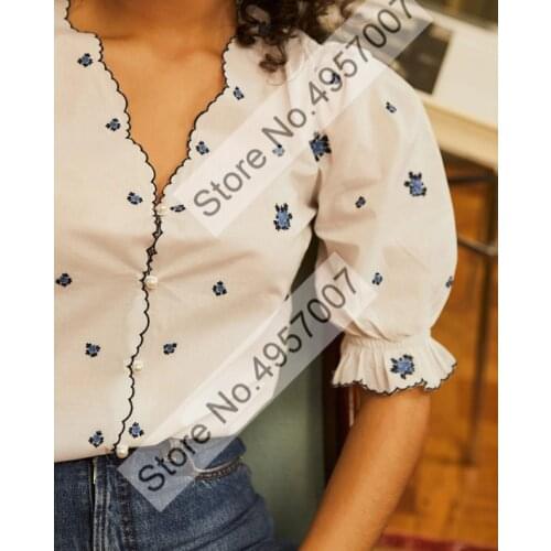 2021 Ladieds V Neckline Flower Embroidery Puff Short Sleeve Blouse Shirt Top