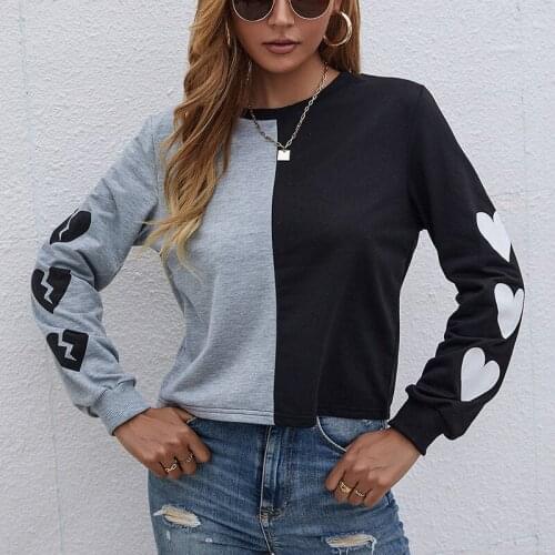 Femotwin Women Elegant Long Sleeve Blouse Shirts Casual Ladies O-Neck Love Pullovers Tops 2021 Autumn Patchwork New Loose Shirt