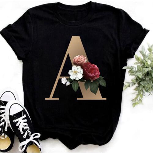 26 Alphabet Letter Women T-shirt Girl A To Z Alphabet Combination Flowers Short Sleeve Casual Tops Ladies Women Black T-shirt