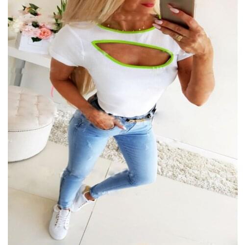 2020 Sexy Women T-Shirts Summer Solid Color Hollow Out Round Collar Brief Paragraph Tight Short Sleeve Ladies Designer Tops