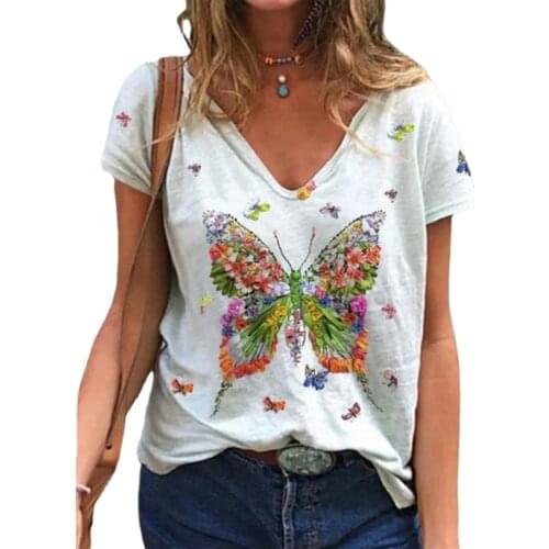 3XL Summer Butterfly Women Cotton T Shirt Short Sleeve V-Neck Fashion Female Street Casual Loose Oversize Ladies Tops Plus Size