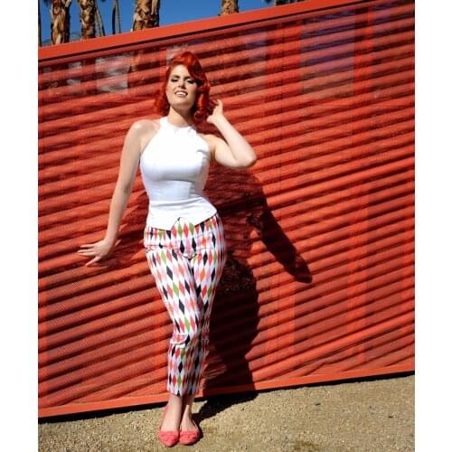 40- women vintage 50s pinup harlequin print high waist Deadly Dames Cigarette Pant plus size fit trousers