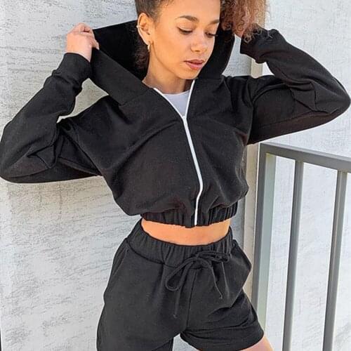 4 Colors Women Summer Tracksuit Ladies Girls Solid-Color Hooded Long Sleeves Zipper Coat+Elastic-Waist Shorts Fitness Workout