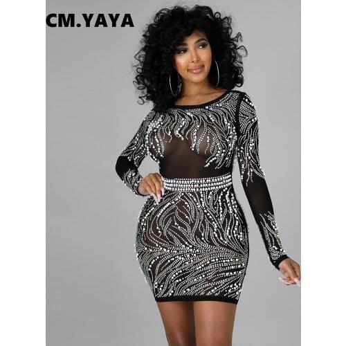 CM.YAYA Women Mini Dress Diamonds Mesh See-through Backless Bodycon Vestidos Vintage Sexy Night Club Party Dresses Autumn 2021