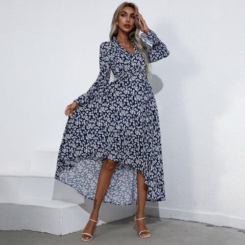 2021 New Women Vintage Floral Print Maxi Dress Autumn Elegant V Neck Flare Sleeve A-line Long Female Dresses Holiday Vestidos