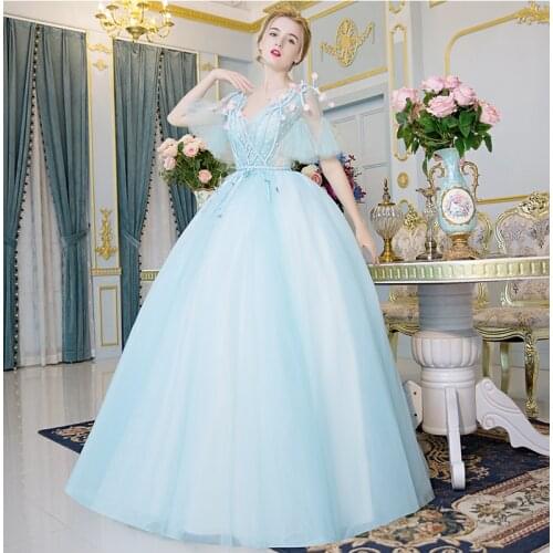 100%real light blue rhinestone beading petals court ball gown medieval dress Renaissance Gown princess costume Victorian dress