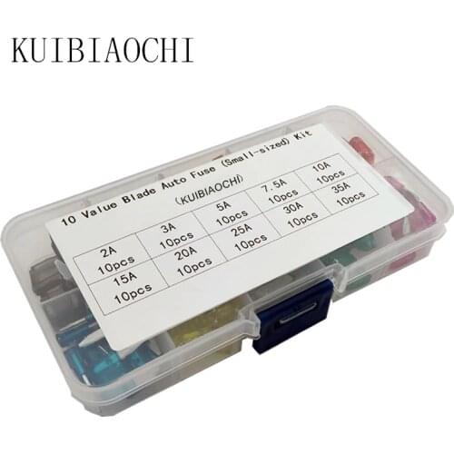100pcs/lot Mini Auto Fuse 10 Value Car Fuse Blade Kit Assortment with Box 2A 3A 5A 7.5A 10A 15A 20A 25A 30A 35A