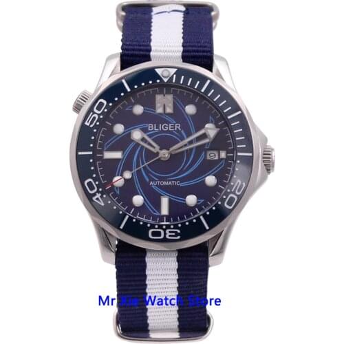 Bliger 41mm Miyota Automatic Mechanical Mens Watch Nylon Strap Sapphire Crystal Luminous Waterproof Calendar Wristwatch Men