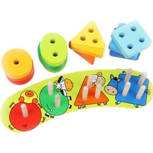Wooden Geometric Blocks For Children Kids Colorful Building Stacker Shape Sorter Column Stacking Set Early Educational Toys Gift