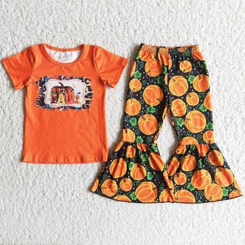 RTS Wholesale Kids Clothing Sets Halloween Toddler Baby Girls Clothes Bell Bottom Pants Fashion Pumpkin Print Children Clothing