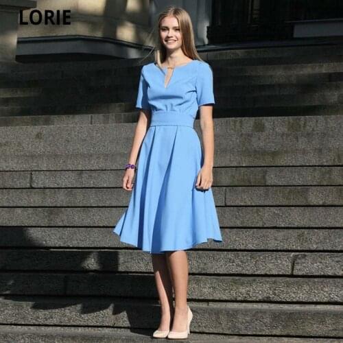 Elegant Beach Satin Short Evening Dresses 2021 Robe De Soirée De Mariage Long Sash V-Neck Short Sleeves Simple Prom Party Gown