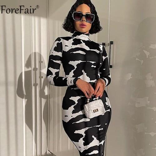 Forefair 2021 Fashion Pirnt Black Midi Dresses Women Autumn Fashion Turtleneck Long Sleeve Casual Sexy Bodycon Dress Party