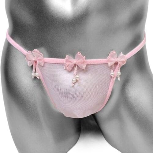 Mesh Mens Bikini Sissy G String Panties with Bow See through Breathable Penis Pouch Sexy Lingerie Gay Thong T Back Underwear