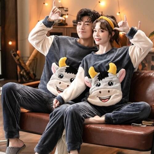 Winter Womens Pajamas Sleepwear Men Long Sleeve Home Clothes Loose Nightwear Mujer Pijama Cartoon Couple Tops+Pants Pyjama Suit