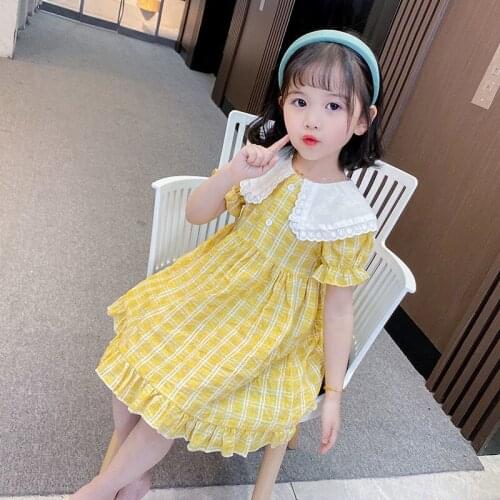 Girls' Dress 2021 Summer New Lace Baby Collar Princess Clothes Girl Baby Cotton Short Sleeve Plaid Dresses