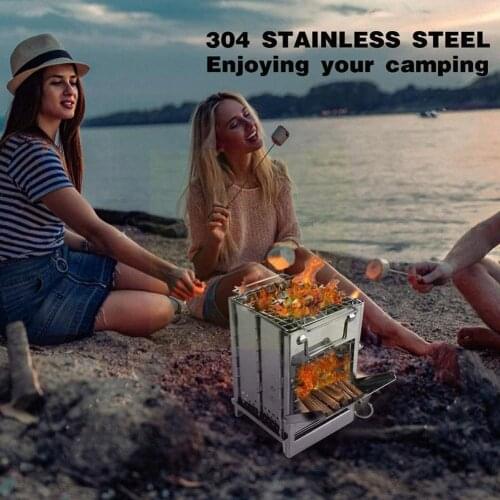 Portable Outdoor Firewood Stove Camping Cooking Picnic Grill Steel Rack Folding Wood BBQ Charcoal Stove Travel Sq H3V5