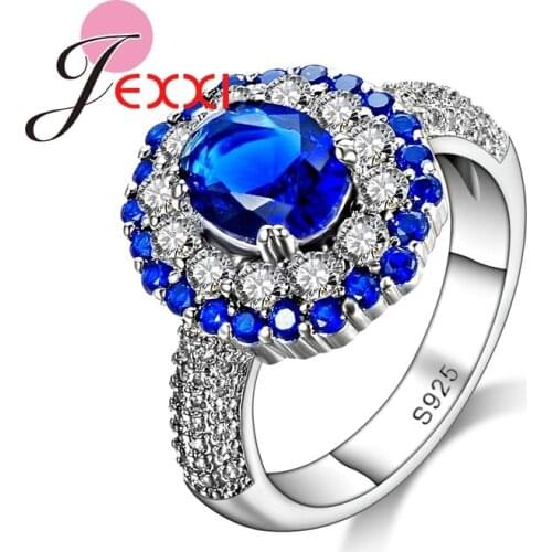 Luxury Wedding Party Jewelry Fashion 925 Sterling Silver Women Rings Rhinestone Circle Blue Crystal Stone Finger Decor