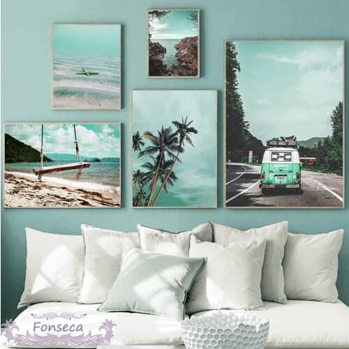 Nordic Green Sky Seascape Poster Tropical Ocean Beach Palm Tree Bus Canvas Painting Wall Art Print Picture Scandinavian Decor