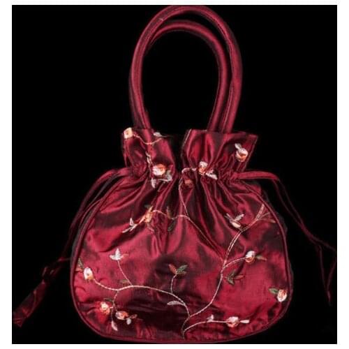 Chinese Handmade Embroidered Flower Silk Jewelry Bag Purse Pouches -Burgundy
