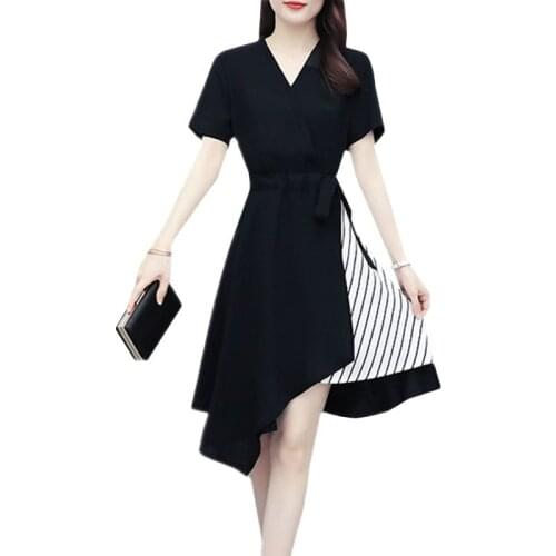 YAGENZ Plus size Dresses Black Patchwork Dress Fashion Summer Dress For Women Clothes With belt V-neck Irregular Hem Dress 830