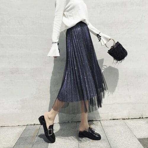 Young Gee Women High Waist Mid-Calf Pleated Skirts Ladies Shinny Spring Fashion 2019 Mesh School Skirt For Girls Casual saias
