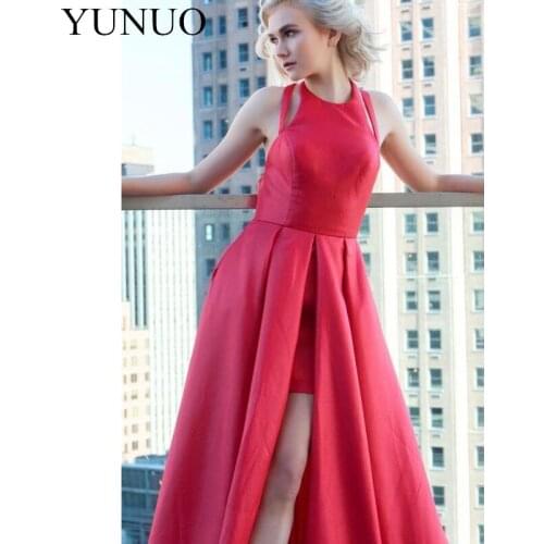 YuNuo Round Neckline Keyholes Satin High Low Evening Dresses with Cut Front N16