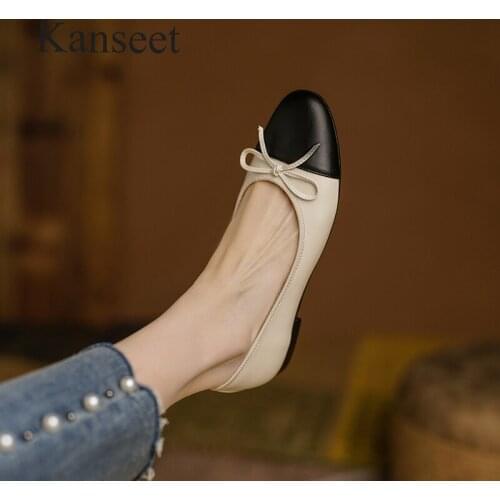 Kanseet Women Pumps 2021 Autumn New Mixed Colors Butterfly-Knot Decoration Cow Leather Handmade Dress Shallow Mid Heels Shoes 40