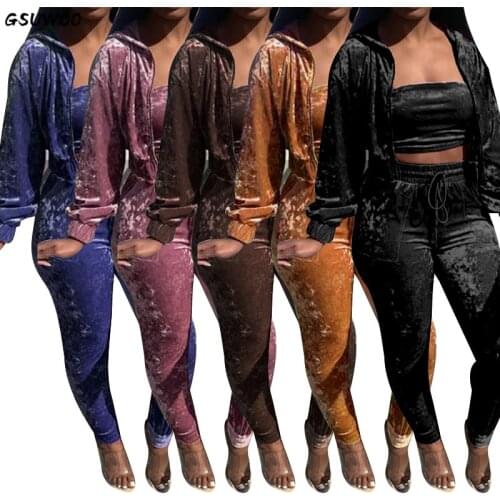 GSUWOO 3pcs Velvet Pants Suit for Women Autumn Winter Long Sleeve Hooded Coat + Tube Top + Pencil Pants Outfits Casual Clothes
