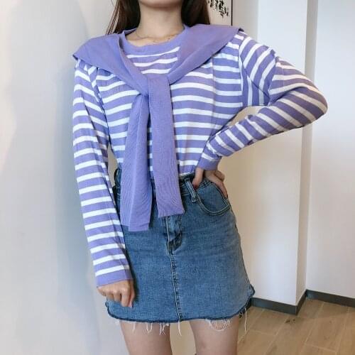Knit sweater top women thin summer Korean version 2021 new small fragrant wind ice silk striped tight long sleeves