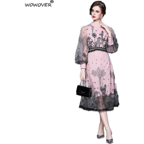 2021 Women Runway Designers Lantern Sleeve Luxury Embroidery Mesh Lace Dress Mid Calf Transparent Sexy Party Celebrity Robe