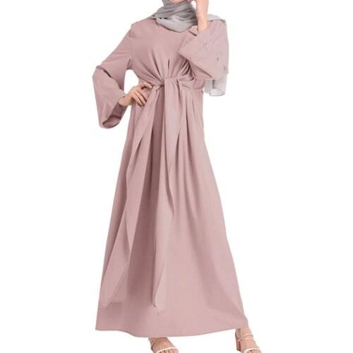 Women Dress Long Sleeve O Neck Solid Color Large Hem Loose Maxi Dress for Daily Life
