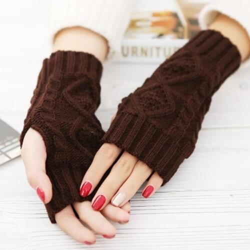 Winter ladies wool knit diamond-shaped sleeves half-finger short 20cm warm fingerless gloves A6