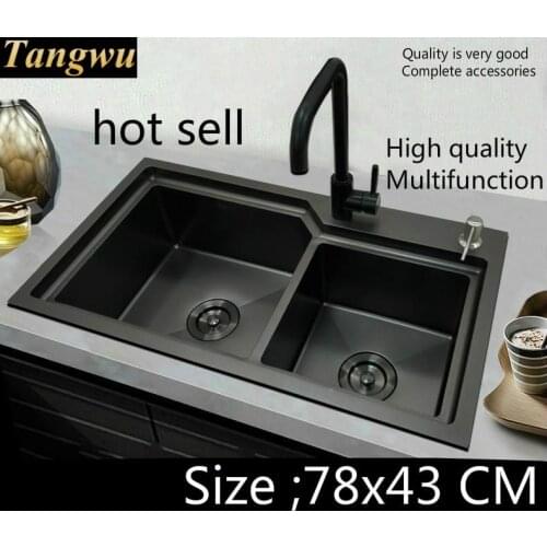 Free shipping Apartment deluxe kitchen manual sink double groove durable 304 stainless steel the black color hot sell 780x430 MM
