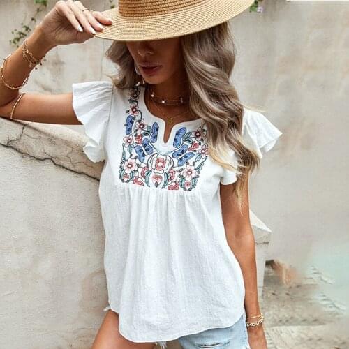 DUISNENA boho blouse shirts vintage floral embroidery women tops white cotton ruffled sleeve mujer camisas blusas