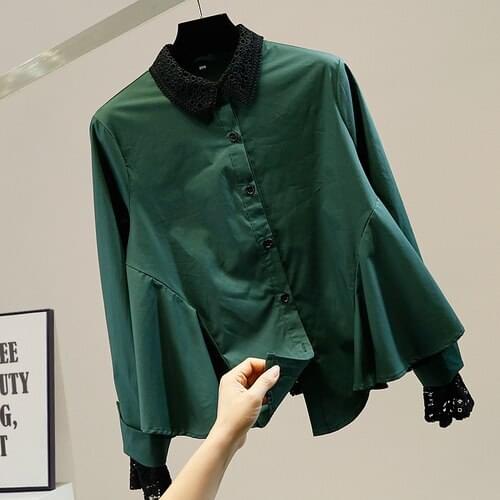 Irregular Lace Patch White Blouse Women Lapels Single-Breasted Pleated Ruffle Shirt Female All-Match Solid Color Tops Blusas