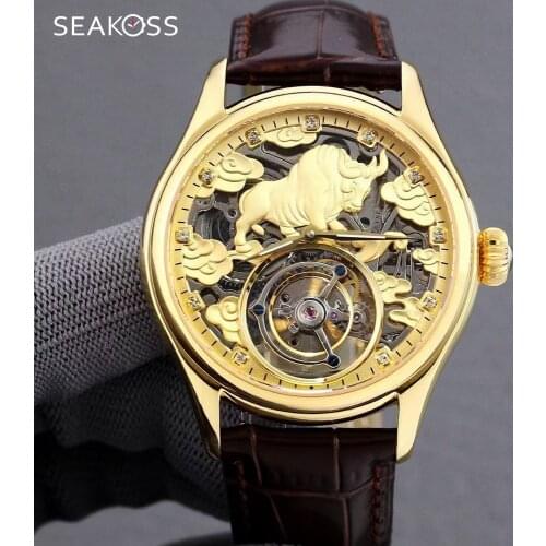 Luxury Gold Mens Tourbillon Mechanical Watches Top Brand Skeleton Hollow Luminous hands Montre Homme Tourbillon Wristwatches