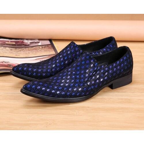 Christia Bella Personalized Mens Blue Peacock Pattern Genuine Leather Shoes Party Nightclub Male Large Size Pointed Toe Shoes