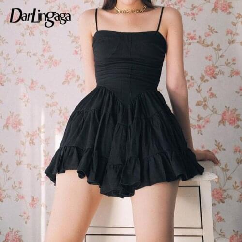 Darlingaga Goth Strap Ruffles High Waist Pleated Dress Female Casual Korean Backless Summer Dress Black Gothic Clothes vestidos