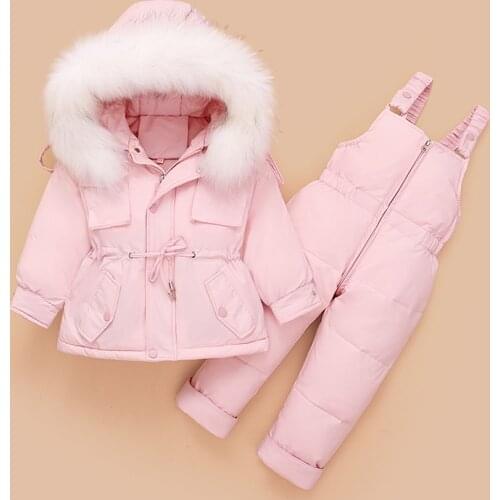 Infant Girls Snowsuit 2020 New Baby Winter Sets 2pcs Large Fur Collar Hooded Down Jackets+Warm Jumpsuit Toddler Girl Ski Suits