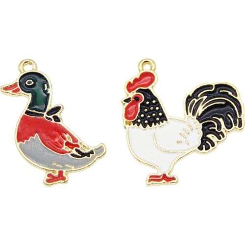 Julie Wang 4PCS Enamel Duck Chicken Charms Alloy Animal Goose Rooster Pendant Bracelet Jewelry Making Accessory