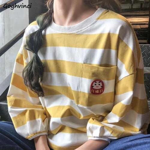 T-shirts Women Striped Embroidery Long Sleeves Kawaii Daily All-match Streetwear Students Loose Large Size 2XL Girls Ins Ulzzang