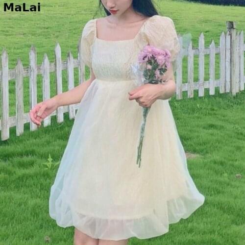 Kawaii Sweet Solid Dress Women Korean Style Cute Princess Bow Lace-Up Dress 2021 Female Bubble Sleeve Casual Holiday Party Dress