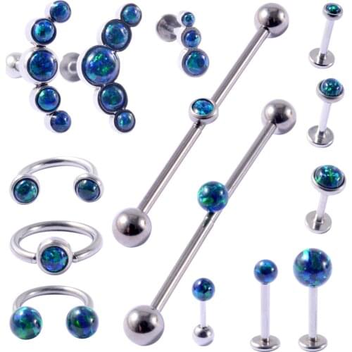 Surgical Steel Blue Opal Cluster Ear Tragus Helix Cartilage Piercing Nose Ring Horseshoe Barbell Daith Earring Labret Jewelry