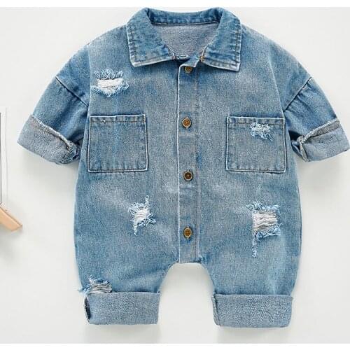 Spring Autumn Newborn Boys Girls Cowboy Broken Hole Jumpsuits Clothes Baby Boys Girls Long Sleeve Rompers Children Rompers