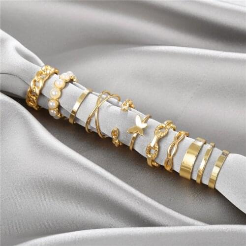 17KM Trendy Gold Butterfly Rings Set for Women Fashion Cross Chain Ring Elegant Pearl Finger Rings Jewelry Wholesale