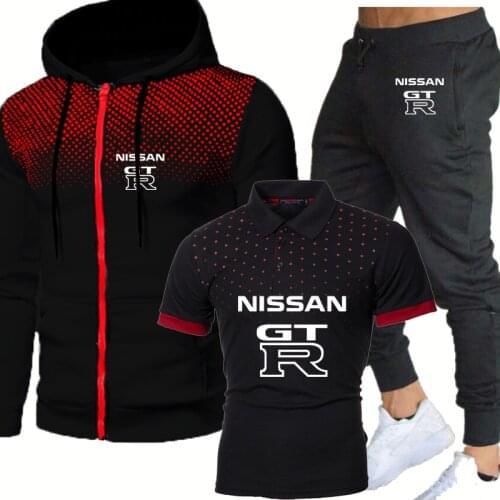 Fashion Mens Hooded Jacket GTR Car Logo Printed Splice Casual Fashion Gradient Mens sweatshirt + sweatpants 3-piece set
