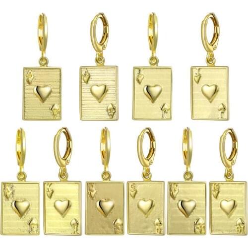 Fashion Women Plated Alloy Dangle Earrings Bohemia Punk Square Drop Lady Earrings Clip Golden A J Q K Poker Card Carved Heart