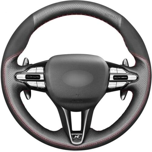Hand-stitched Black Genuine Leather Suede Car Steering Wheel Cover for Hyundai i30 N 2018-2020 Veloster N 2019-2021