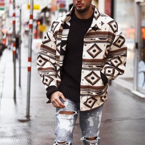 New 2021 Mens Vinatge Leisure Jackets Autumn Winter Lapel Collar Single Breasted retro Jacket Geometry Print Coats Men Clothing